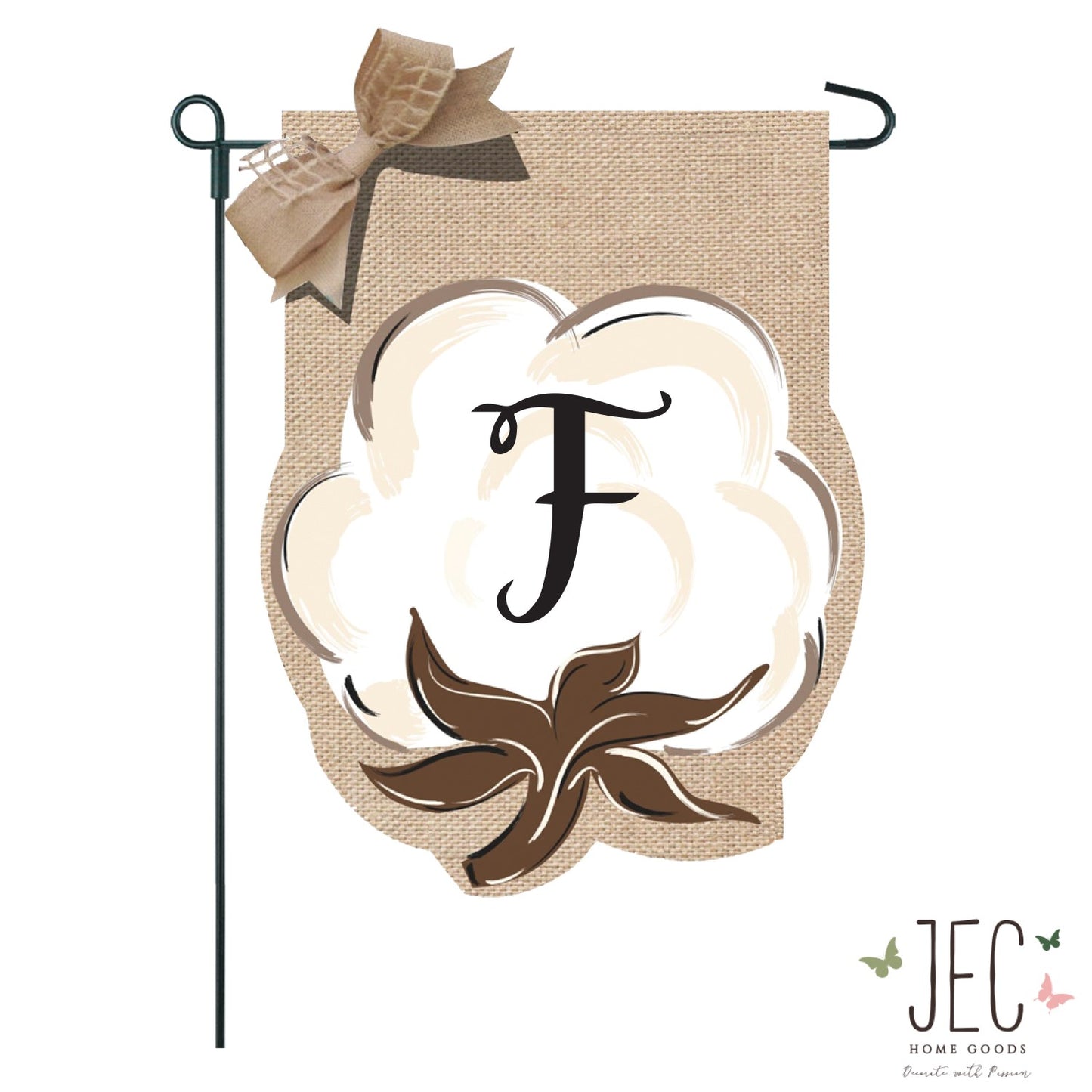 Cotton Boll Monogram Burlap 2-Sided Garden Flag 12.5x18"