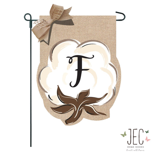 Cotton Boll Monogram Burlap 2-Sided Garden Flag 12.5x18"