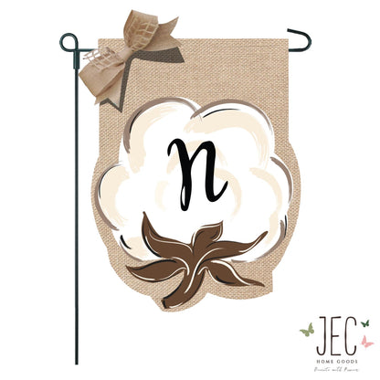 Cotton Boll Monogram Burlap 2-Sided Garden Flag 12.5x18"