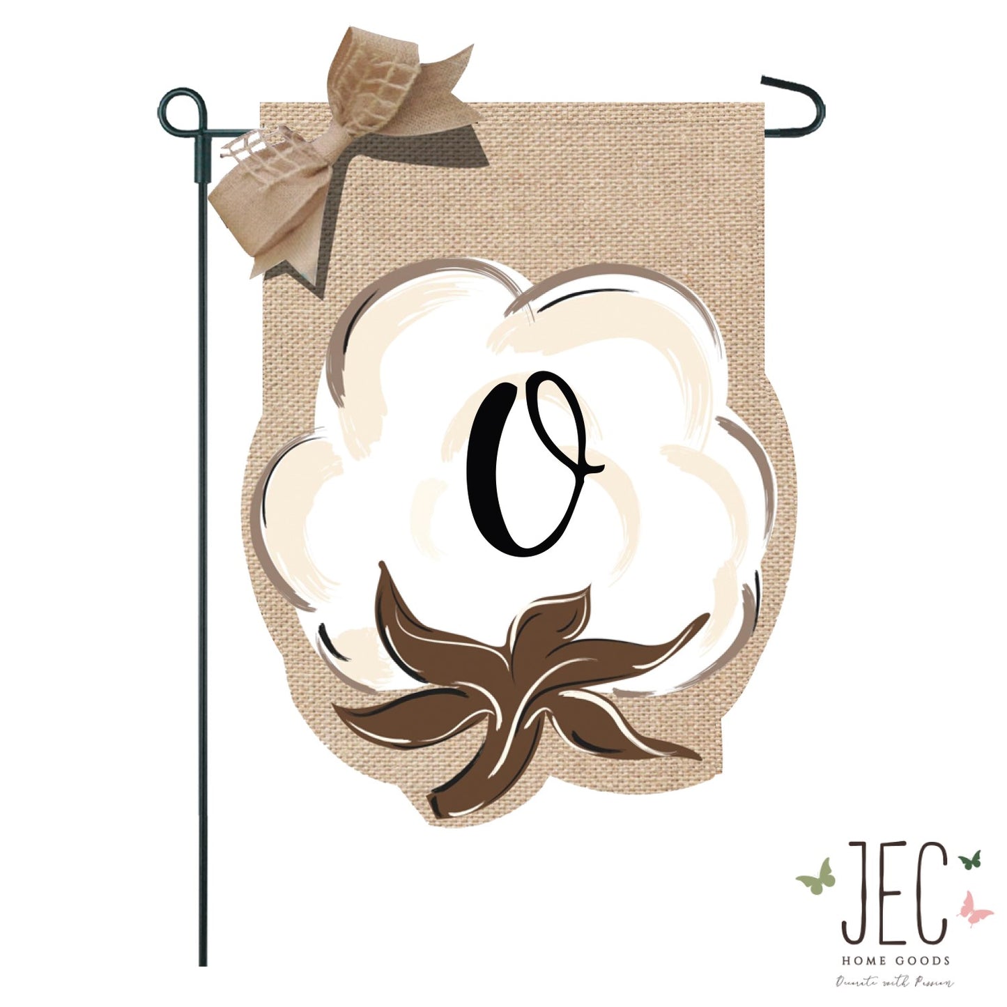 Cotton Boll Monogram Burlap 2-Sided Garden Flag 12.5x18"