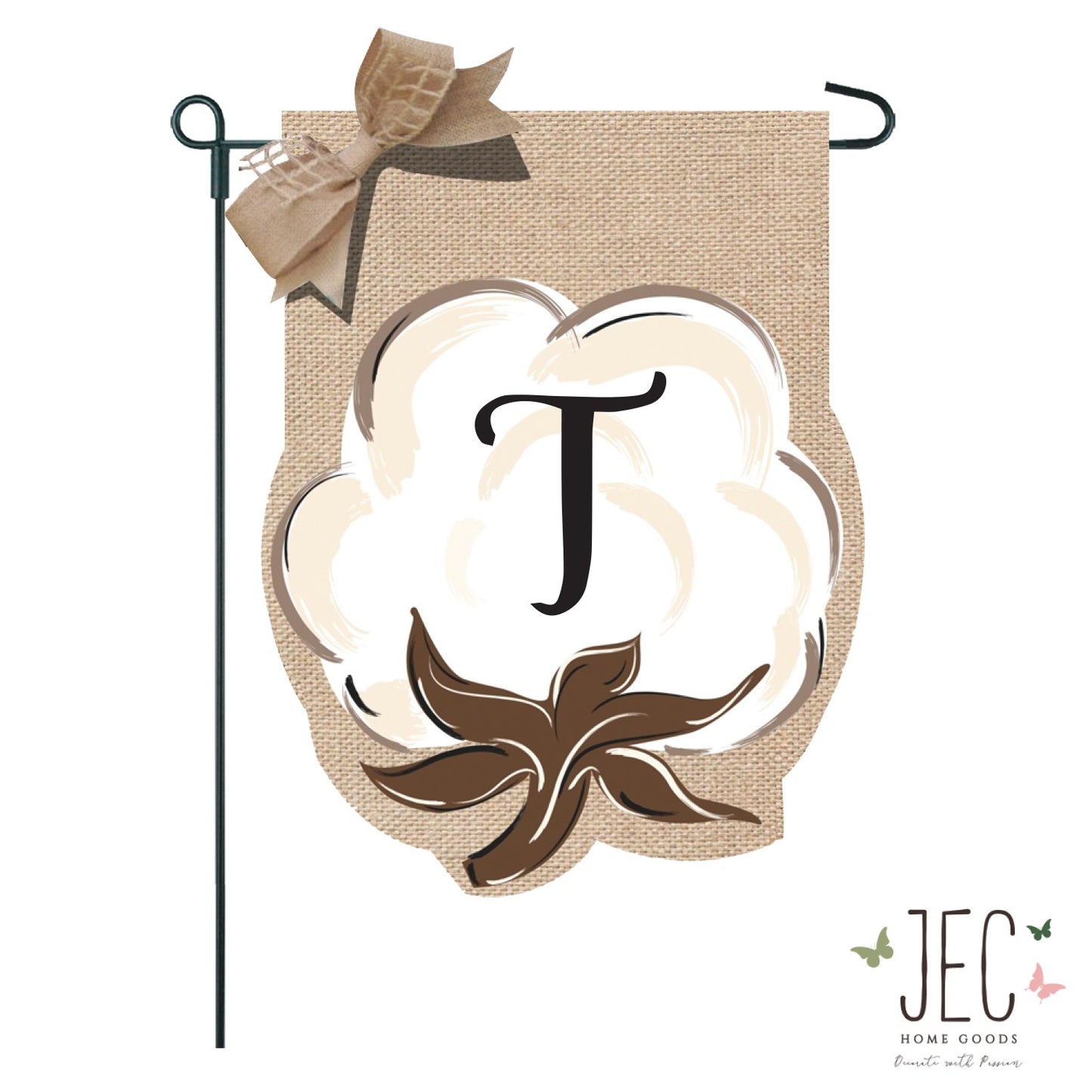 Cotton Boll Monogram Burlap 2-Sided Garden Flag 12.5x18"