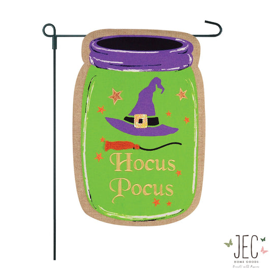 Hocus Pocus Mason Jar Burlap 2-Sided Garden Flag 12.5x18"