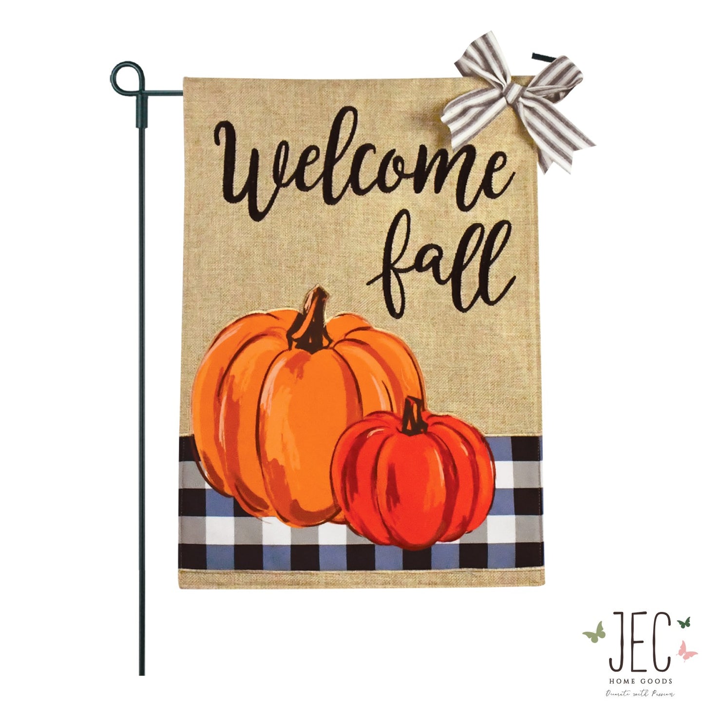 Blue Buffalo Plaid Pumpkins Burlap 2-Sided Garden Flag 12.5x18"