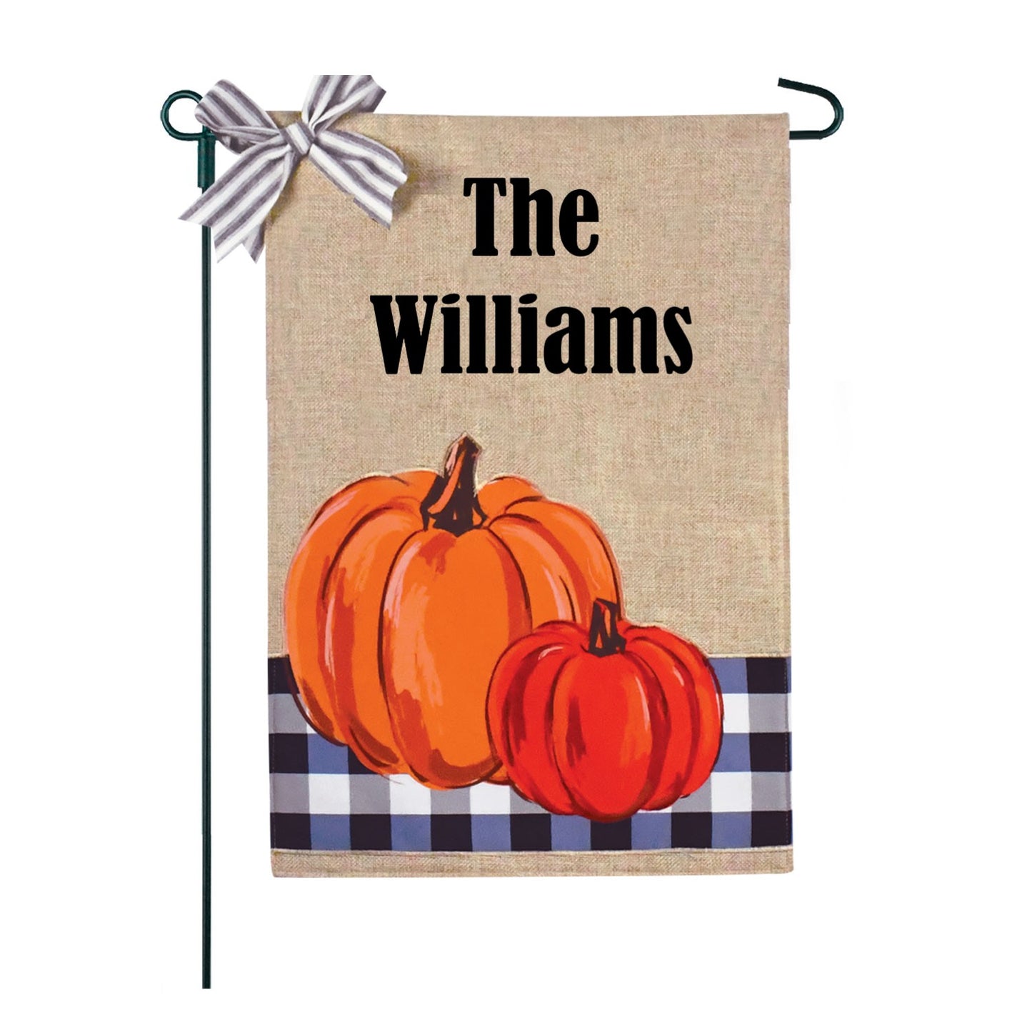 Personalized Blue Buffalo Plaid Pumpkins Burlap 2-Sided Garden Flag 12.5x18"