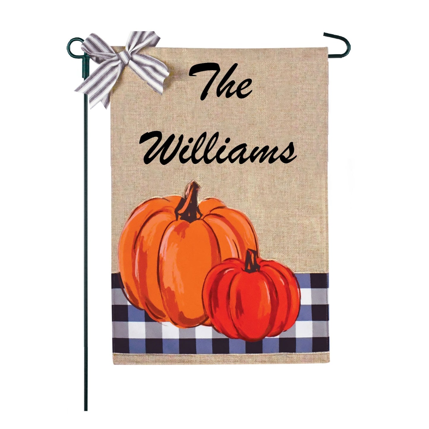 Personalized Blue Buffalo Plaid Pumpkins Burlap 2-Sided Garden Flag 12.5x18"