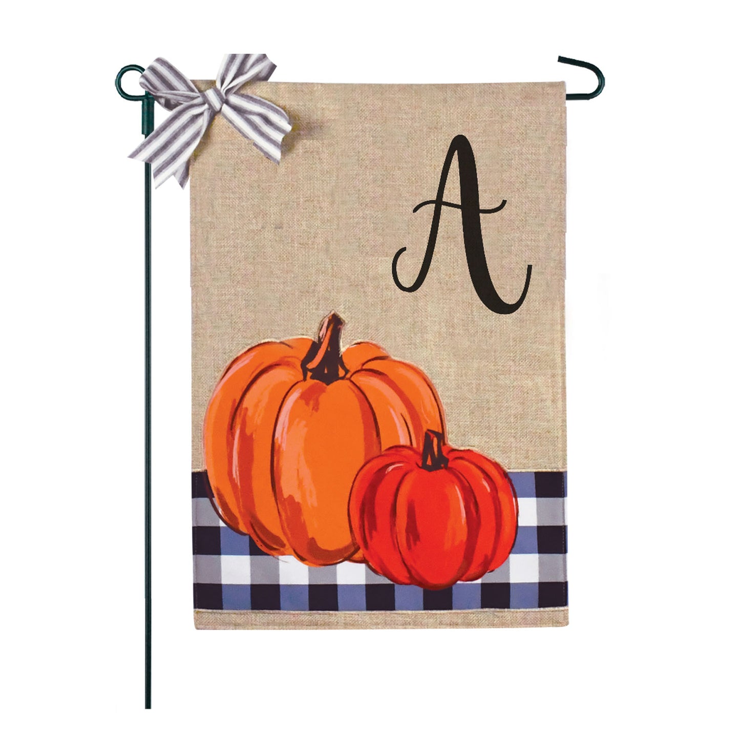 Blue Buffalo Plaid Pumpkins Monogram Burlap 2-Sided Garden Flag 12.5x18"