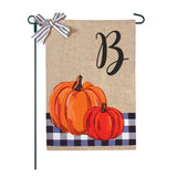 Blue Buffalo Plaid Pumpkins Monogram Burlap 2-Sided Garden Flag 12.5x18"