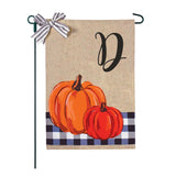 Blue Buffalo Plaid Pumpkins Monogram Burlap 2-Sided Garden Flag 12.5x18"