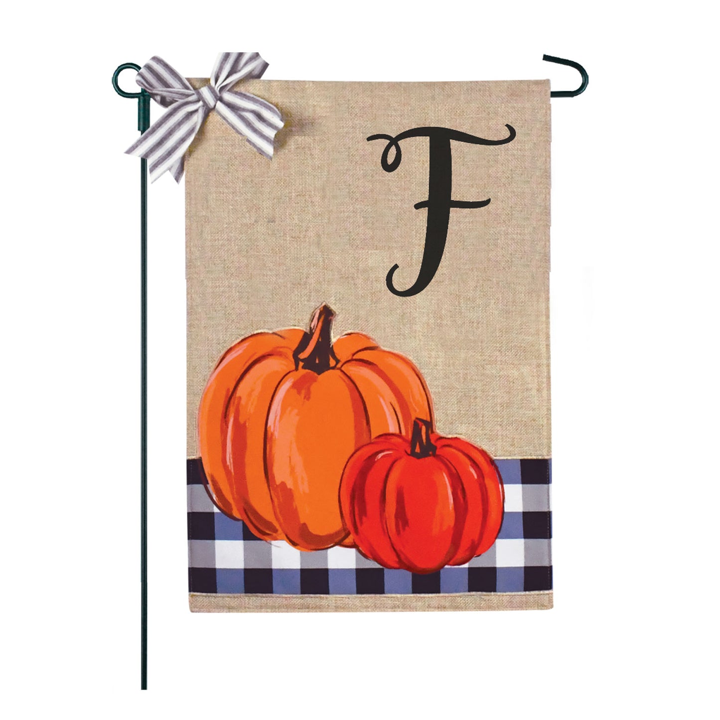 Blue Buffalo Plaid Pumpkins Monogram Burlap 2-Sided Garden Flag 12.5x18"