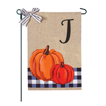 Blue Buffalo Plaid Pumpkins Monogram Burlap 2-Sided Garden Flag 12.5x18"