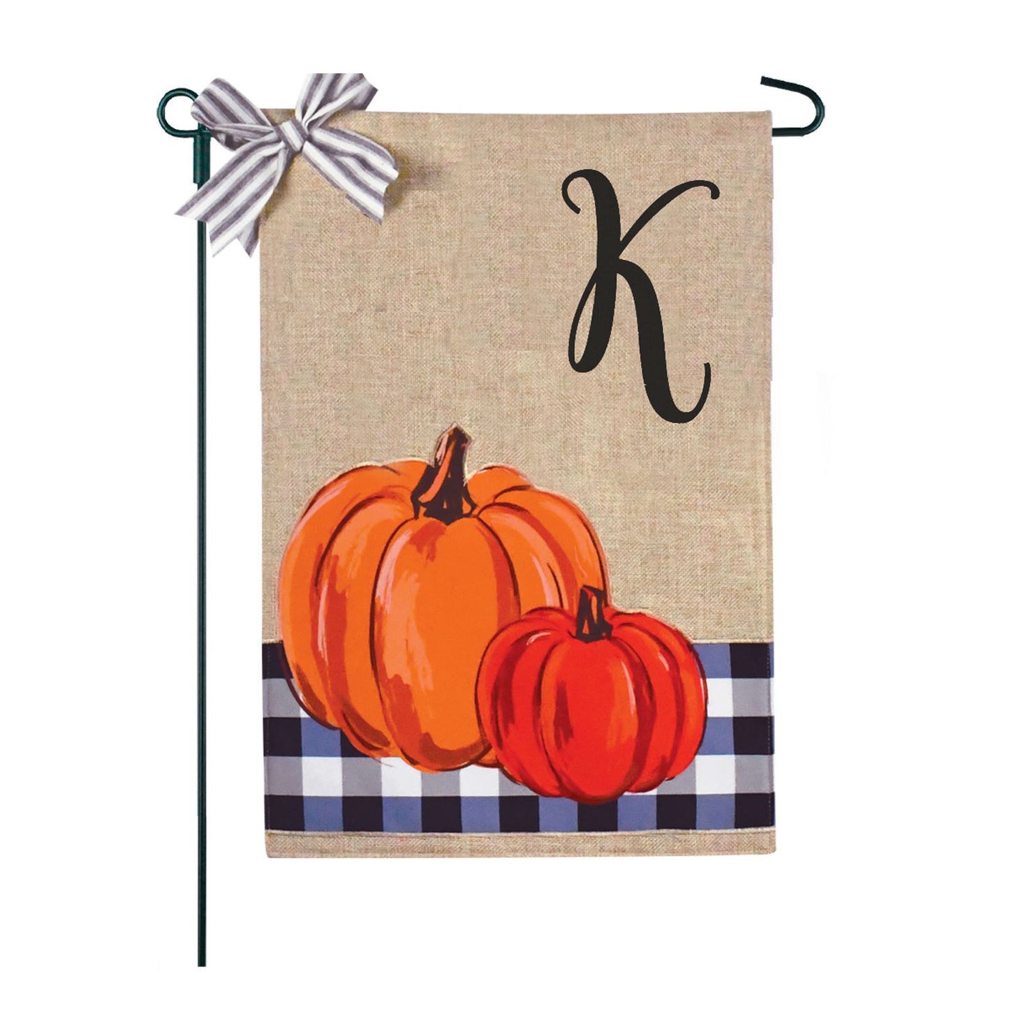 Blue Buffalo Plaid Pumpkins Monogram Burlap 2-Sided Garden Flag 12.5x18"