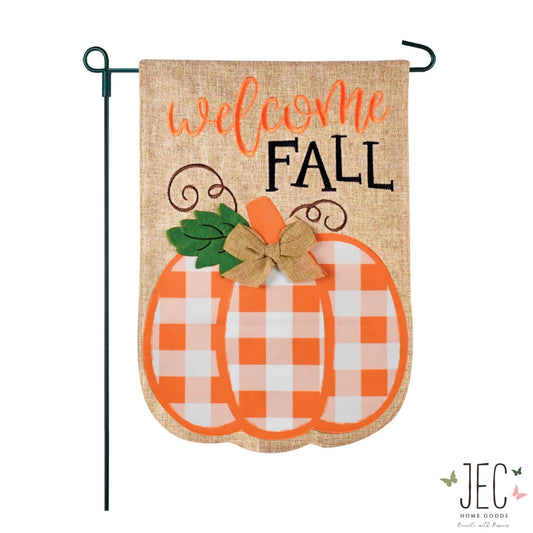 Orange and White Buffalo Plaid Pumpkin Burlap 2-Sided Garden Flag 12.5x18"