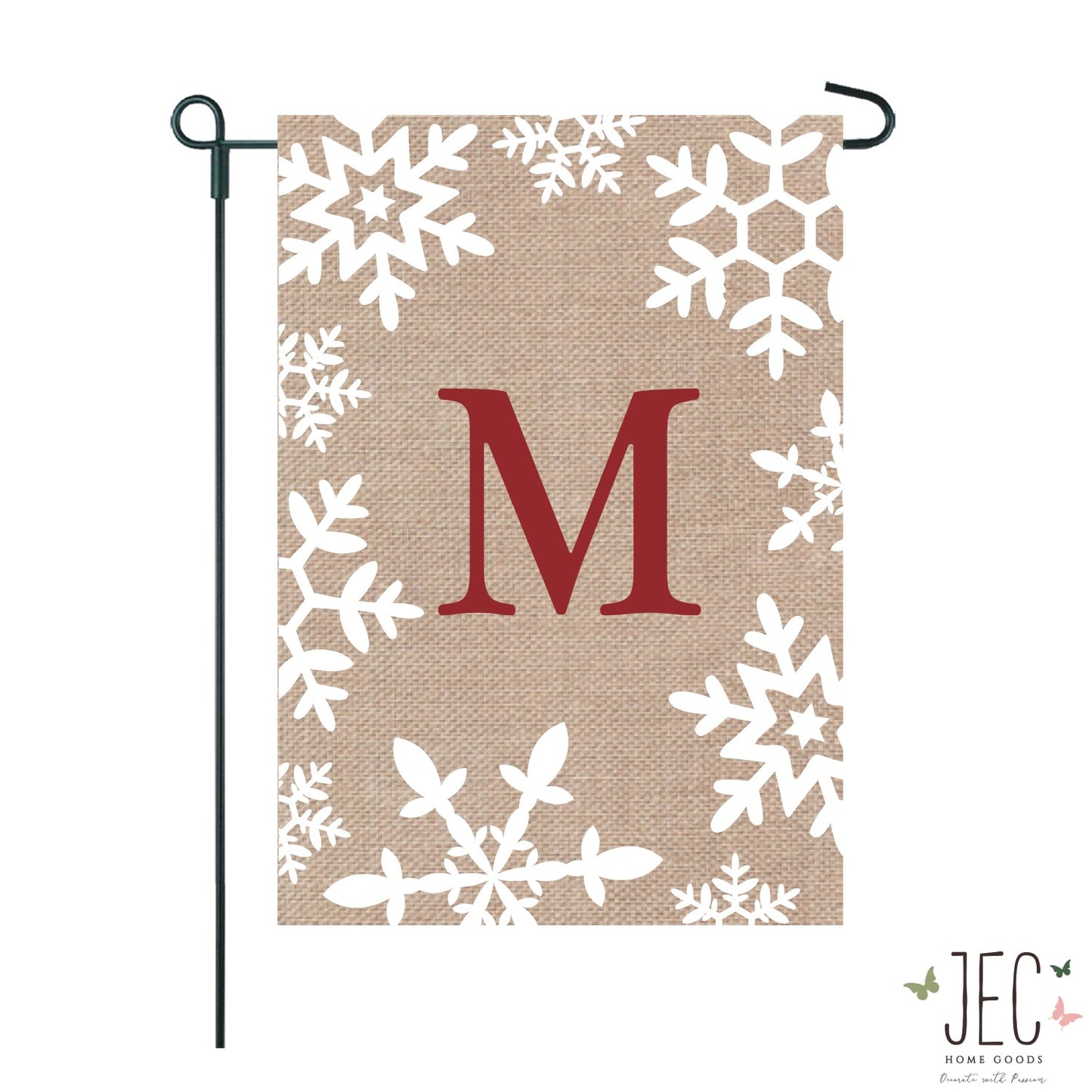 Snowflakes Monogram Burlap 2-Sided Garden Flag 12.5x18"