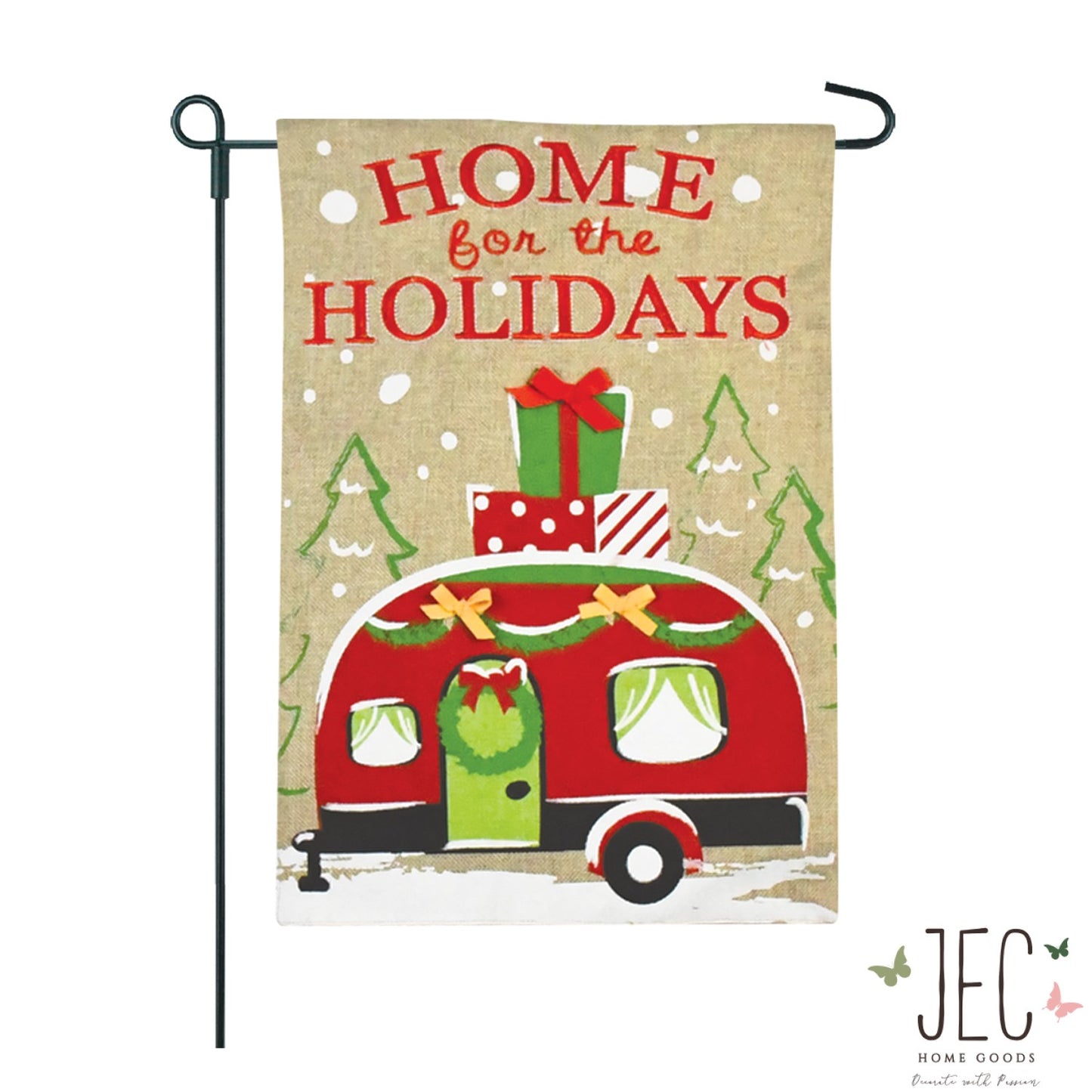 Christmas Red Camper Burlap 2-Sided Garden Flag 12.5x18"