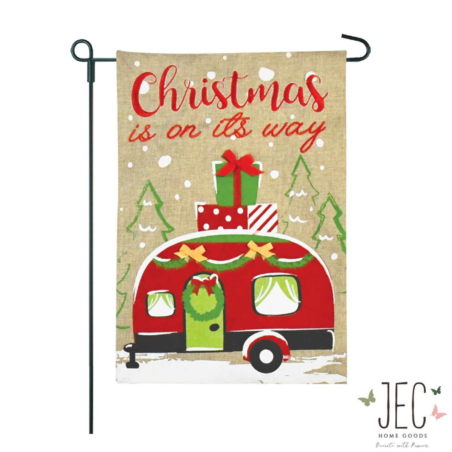 Christmas Red Camper Burlap 2-Sided Garden Flag 12.5x18"