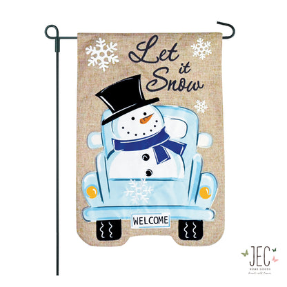 Snowman Truck Burlap 2-Sided Garden Flag 12.5x18"