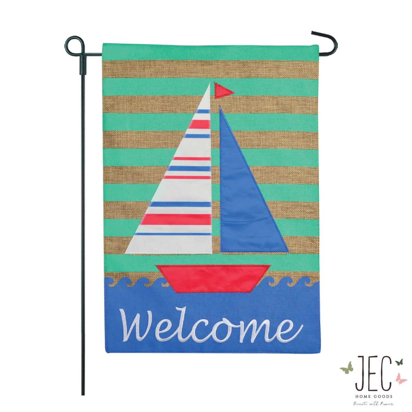 Coastal Sailboat Welcome Burlap 2-Sided Garden Flag 12.5x18"