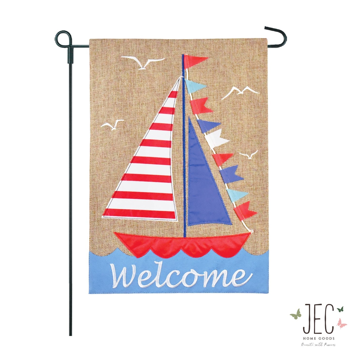 Stripe Sailboat Welcome Burlap 2-Sided Garden Flag 12.5x18"