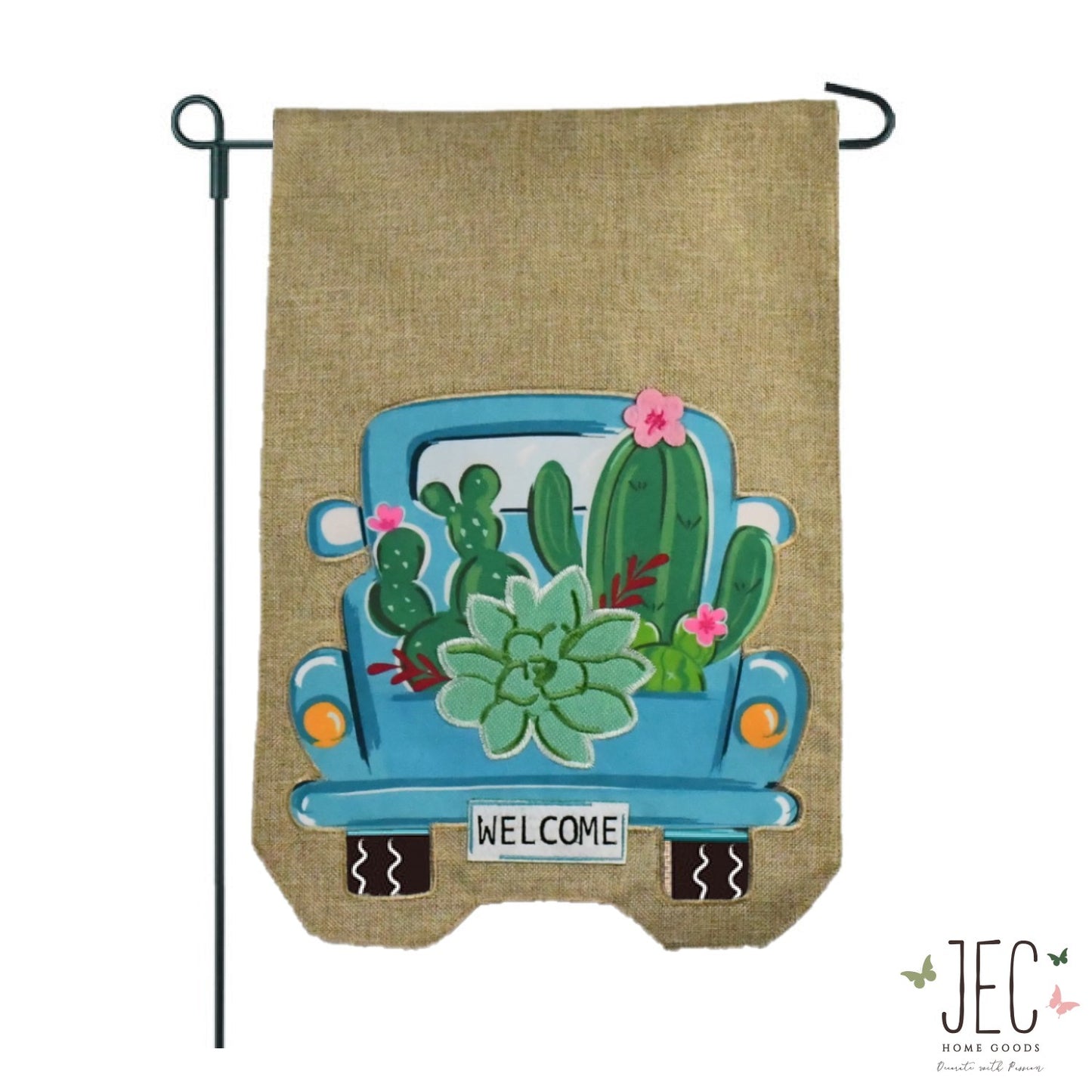 Cactus Pick Up Truck Burlap 2-Sided Garden Flag 12.5x18"