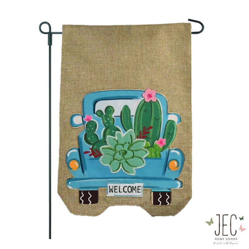 Personalized Cactus Pick Up Truck Burlap 2-Sided Garden Flag 12.5x18"