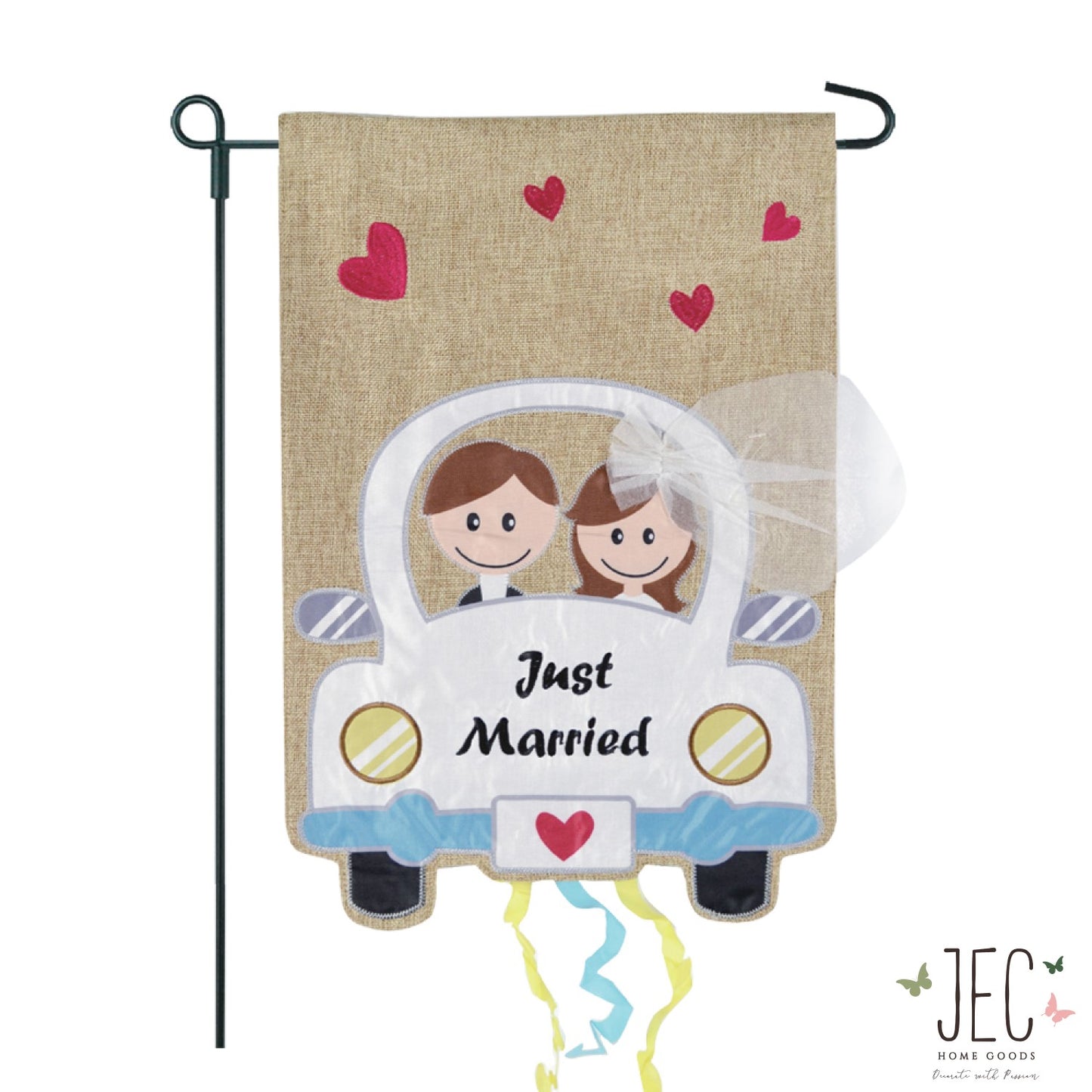 Just Married Car  Burlap 2-Sided Garden Flag 12.5x18"