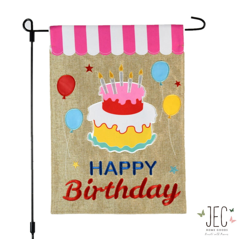 Birthday Cake Awning Burlap 2-Sided Garden Flag 12.5x18"