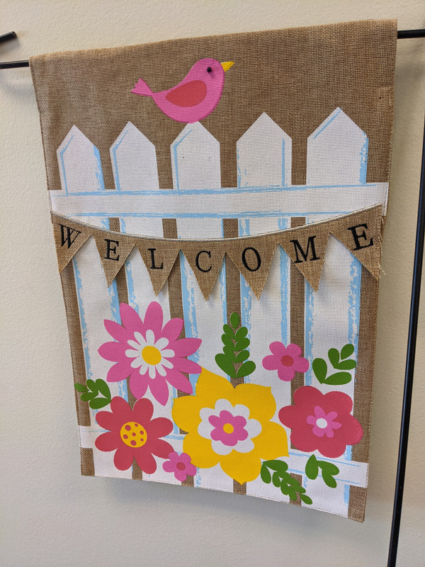 Welcome Picket Fence 2-Sided Burlap Garden Flag 12.5x18"