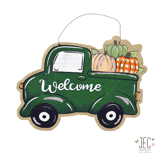 Green Truck Pumpkins Burlap Wall Décor 22"x16"