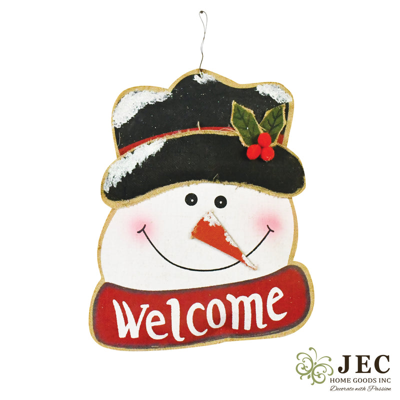 Snowman Welcome Red Scarf Burlap Wall Décor 17.5"x14"