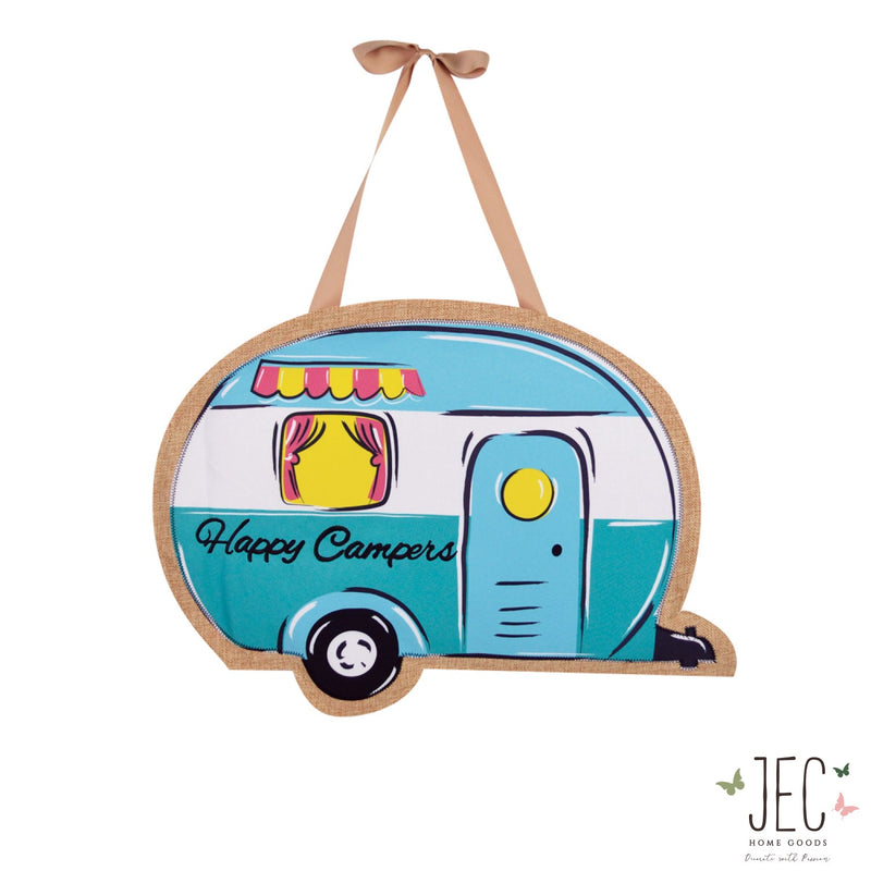 Turquoise Happy Campers Burlap Wall Décor 21"x23"